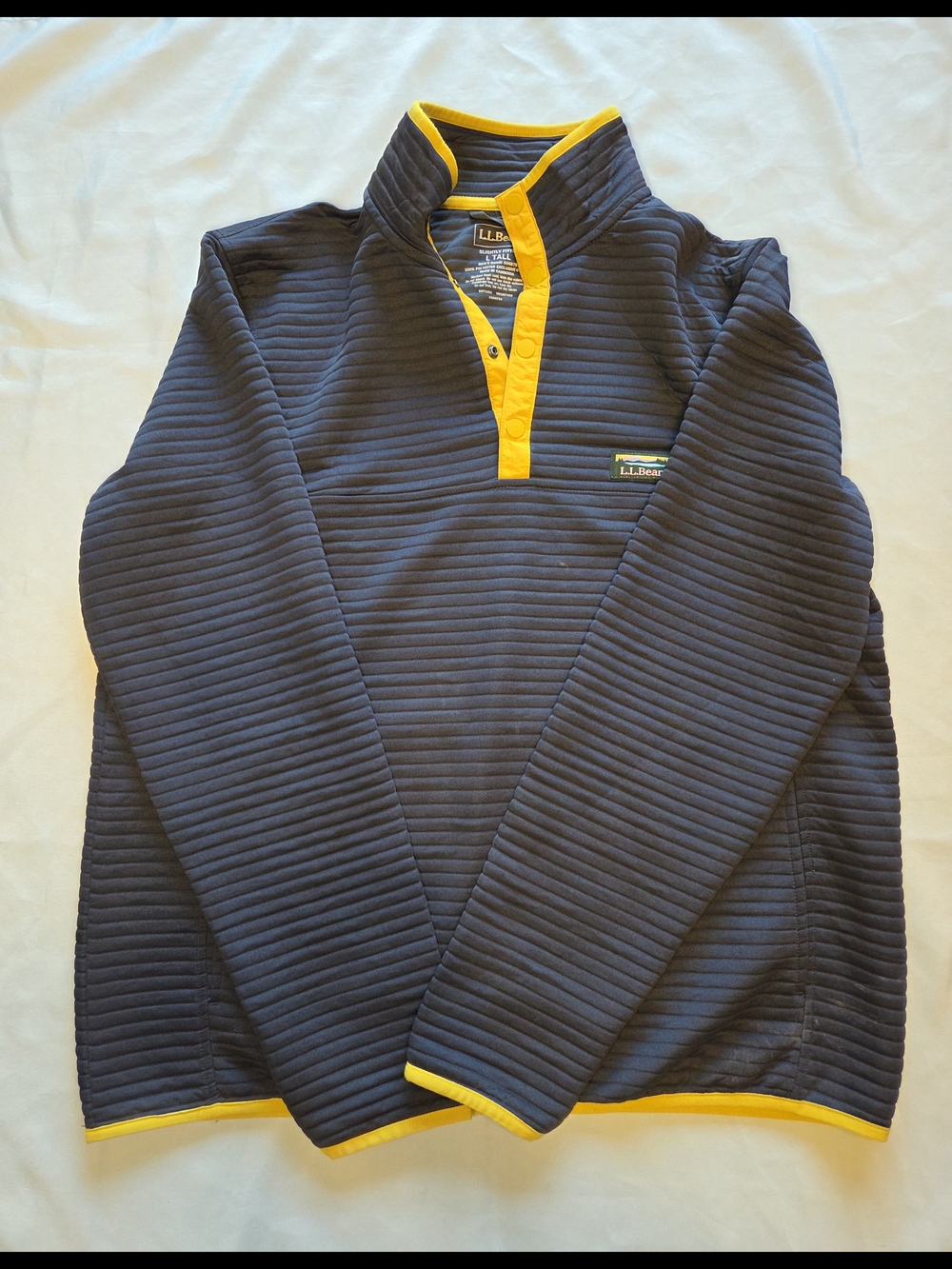 LL Bean Mens L Tall Pullover Snap Fleece Gray Yellow Outdoor
